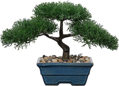 Artificial Bonsai Tree Juniper Faux Plants Indoor Fake Plants Decor with Blue Ceramic Pots for Home