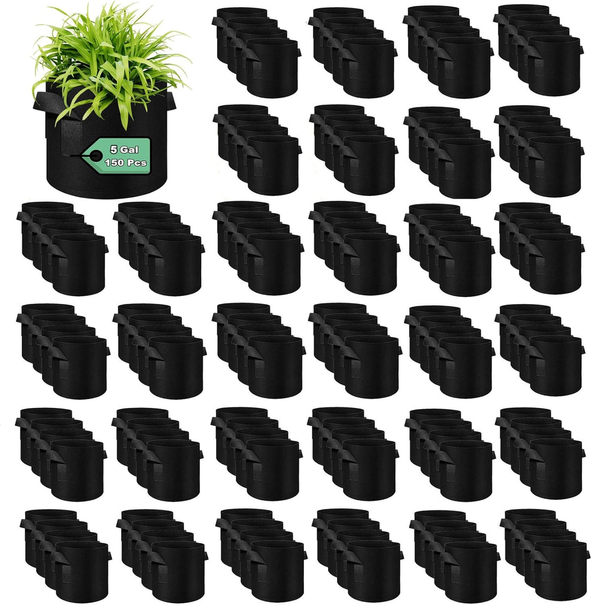 150-Pack 5 Gallon Grow Bags Bulk, Heavy Duty Thickened Nonwoven Fabric Pots with Handles, Felt