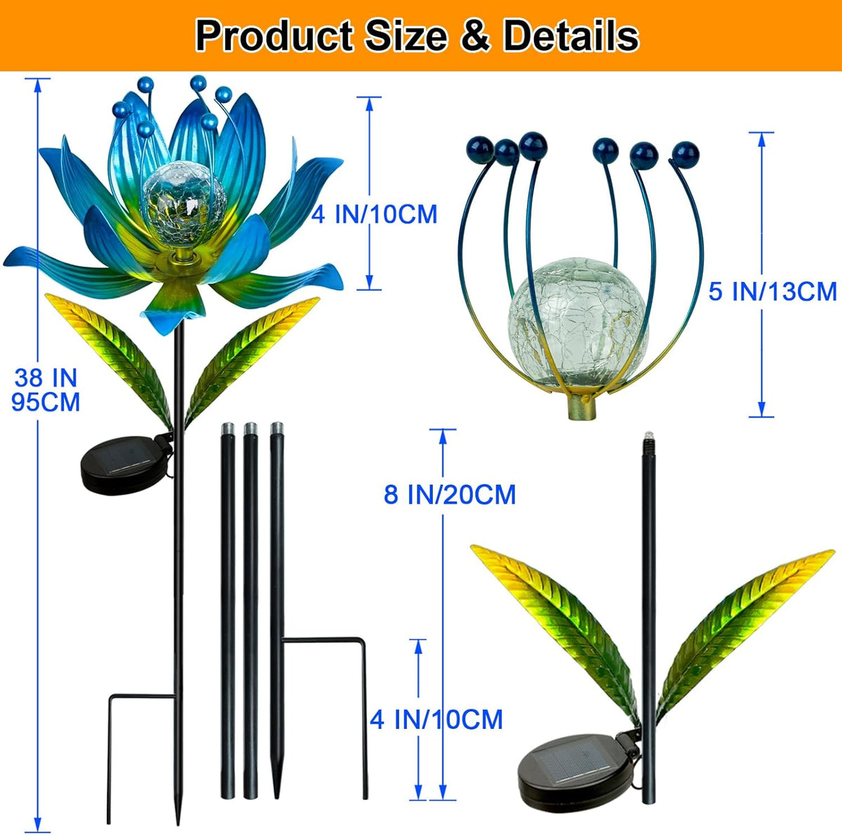 Wind Spinners Outdoor, 38 Inch Metal Wind Spinner Yard Art with Stake, Colorful Solar Windmill for