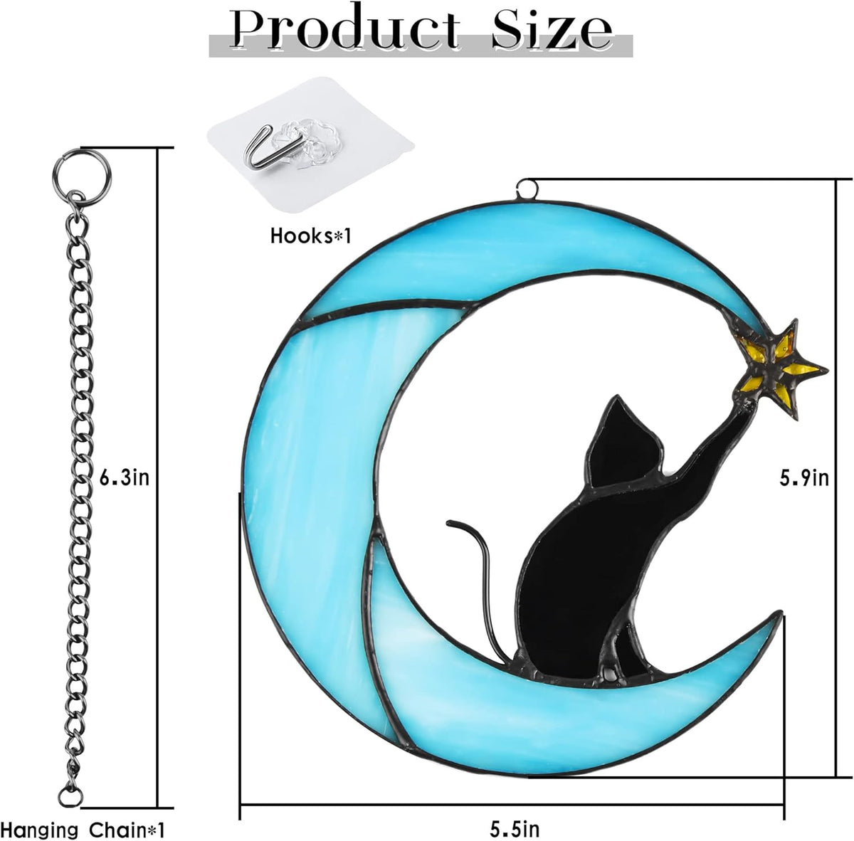 Stained Glass Cat on Moon Pick Star Window Hanging Suncatchers Memorial Gift Decor for Women (Black