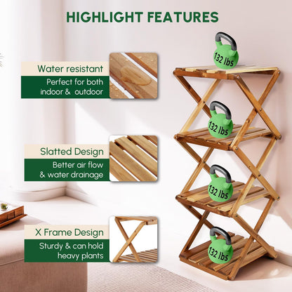 BEEFURNI Acacia Plant Stand Indoor Corner, Wooden Outdoor 4 Tier Corner Planter Stand, Foldable