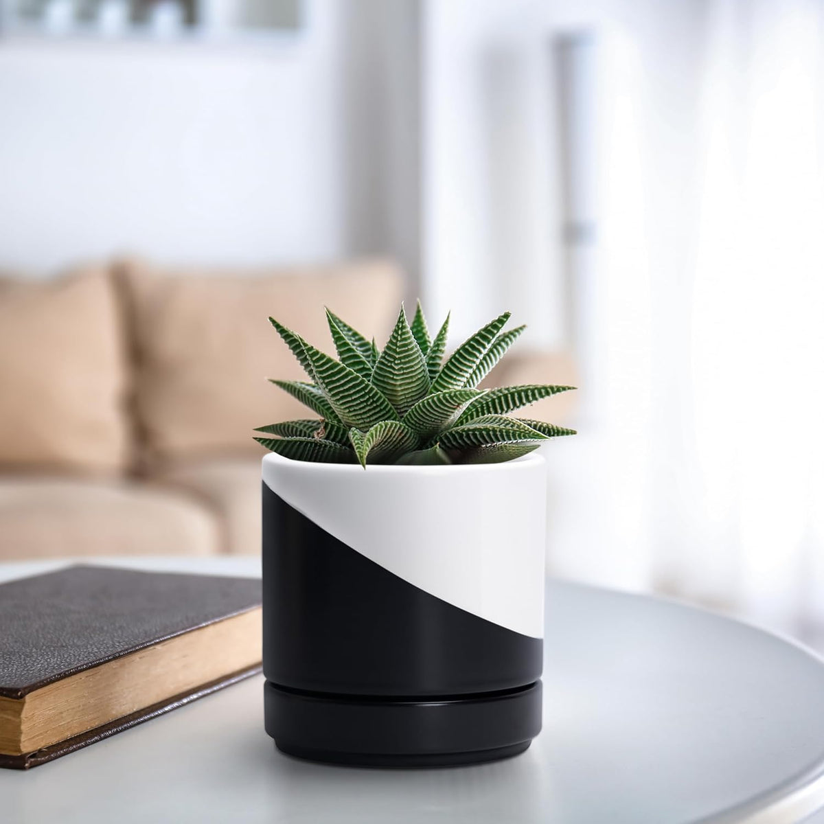 D'vine Dev 4.7 Inch Ceramic Planter Pot with Drainage Hole and Saucer, Indoor Cylinder Round