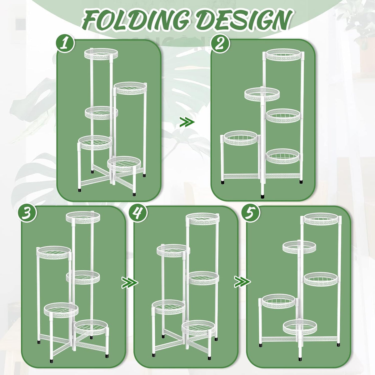 iDavosic.ly Plant Stand Indoor Outdoor, 5 Tier Corner Metal Flower Display Holder Shelf, Folding