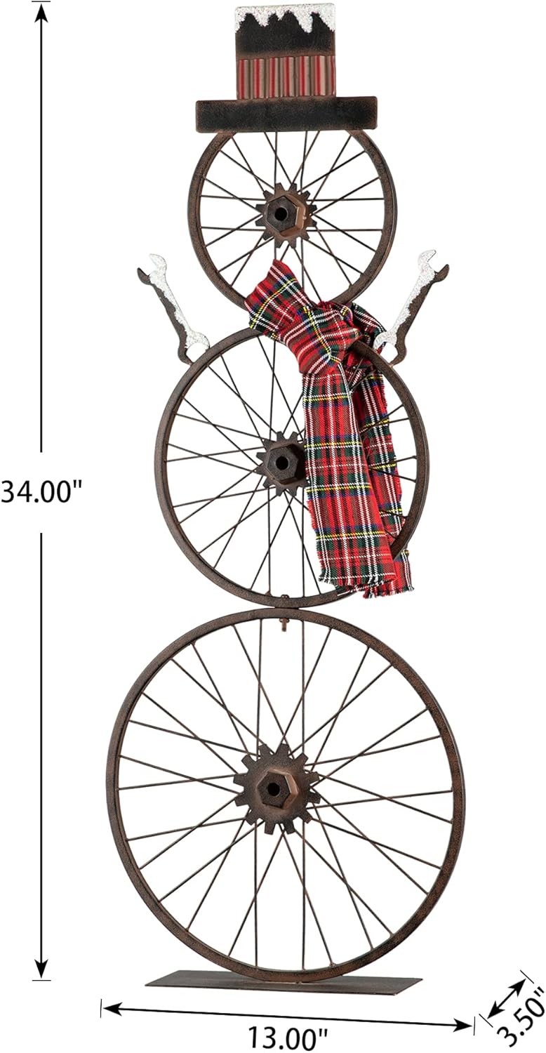 Glitzhome 33.98" H Metal Bike Wheel Snowman with Plaid Scarf Hat Porch Decor Metal Bicycle Garden