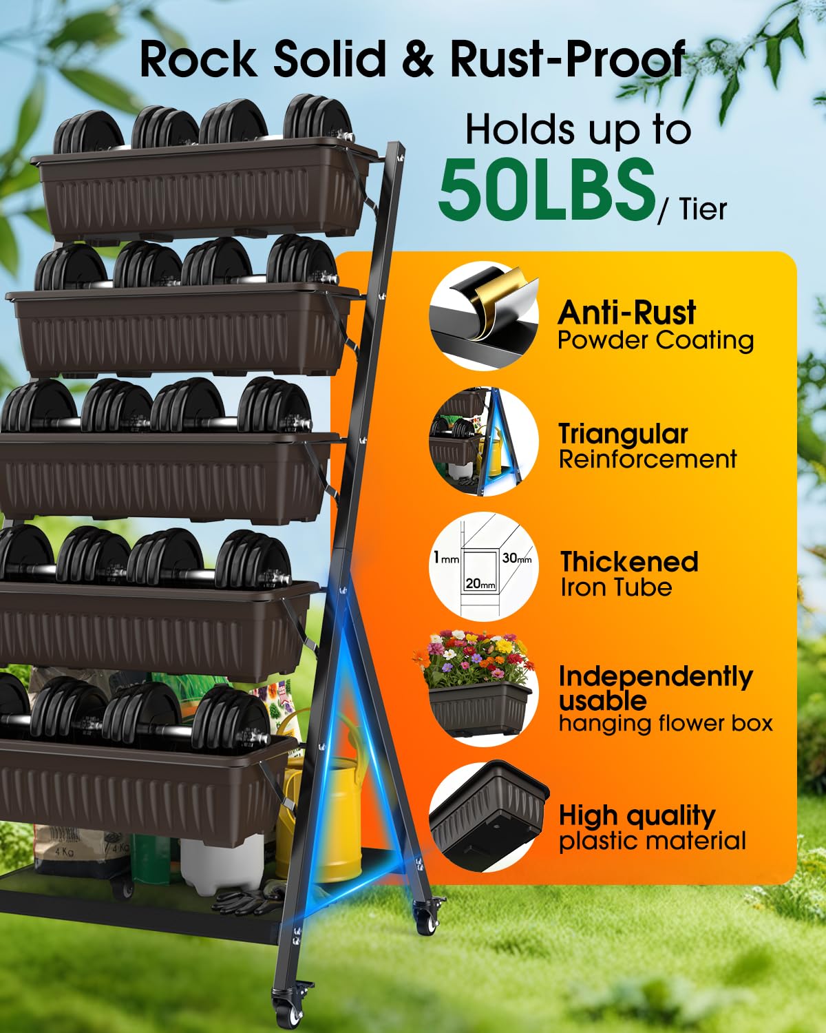 Olaiti 5-Tier Vertical Garden Bed Planter Boxes with Wheels, Drainage System & Storage Space