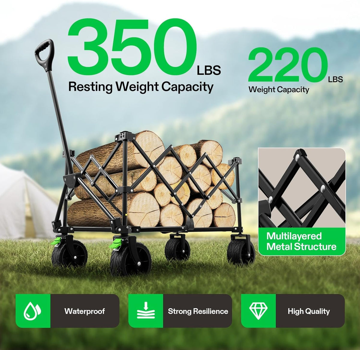 VIVOSUN Collapsible Folding Wagon, Outdoor Utility with Silent All-Terrain Beach Wheels, Adjustable