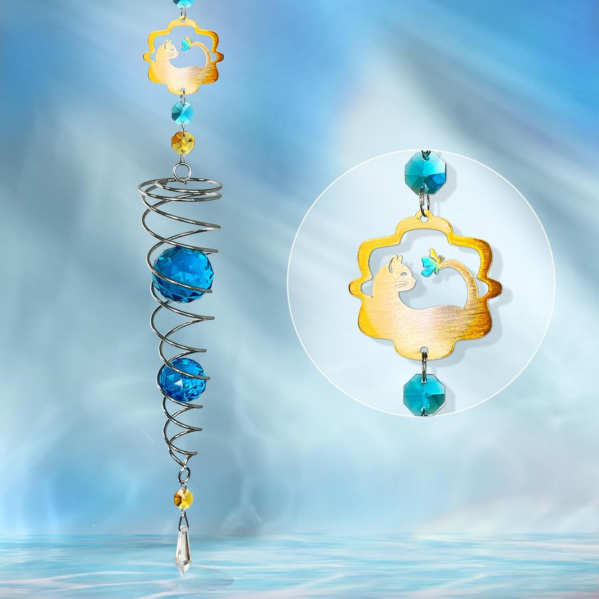 FONMY Cat Gazing Ball Spiral Tail Wind Spinner Sun Catcher Rainbow Maker Silver Spiral W/Blue K9