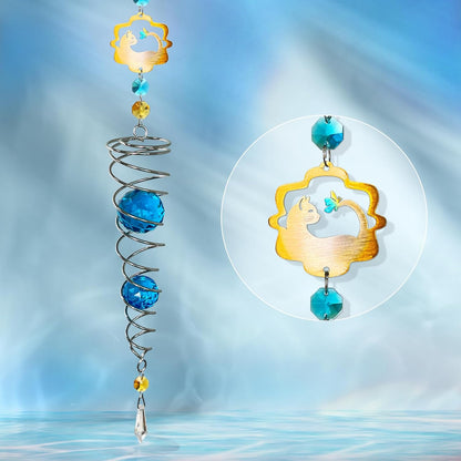 FONMY Cat Gazing Ball Spiral Tail Wind Spinner Sun Catcher Rainbow Maker Silver Spiral W/Blue K9