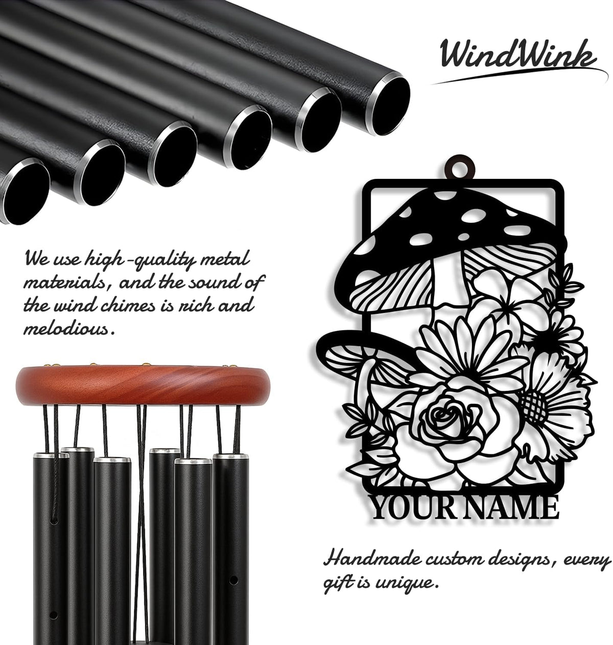 Personalized Customize Name Fantasy Mushroom Wonderland Wind Chime, Metal Iron 37 Inch Outdoor