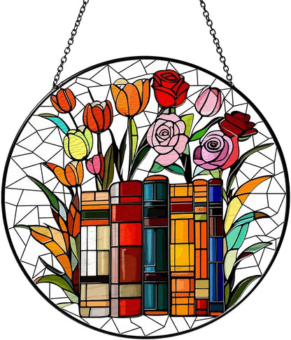 Flower Book Stained Glass Window Hanging Sun Catcher Book Club Lover Gifts for Women Wall Decor