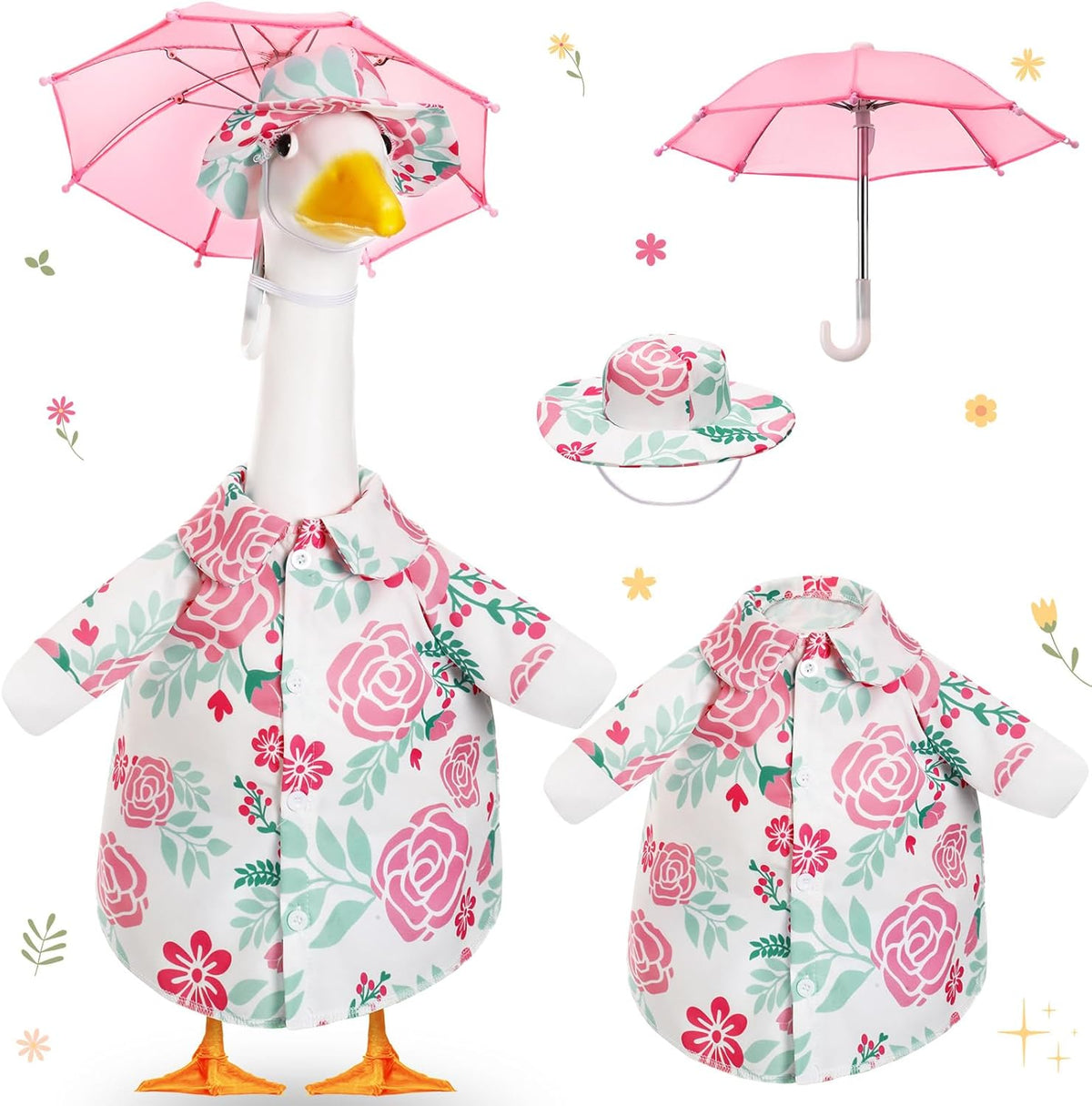 Soulchen Porch Goose Outfit with Umbrella for Lawn Porch 23'' Goose Costume Pink Flower Skirt for