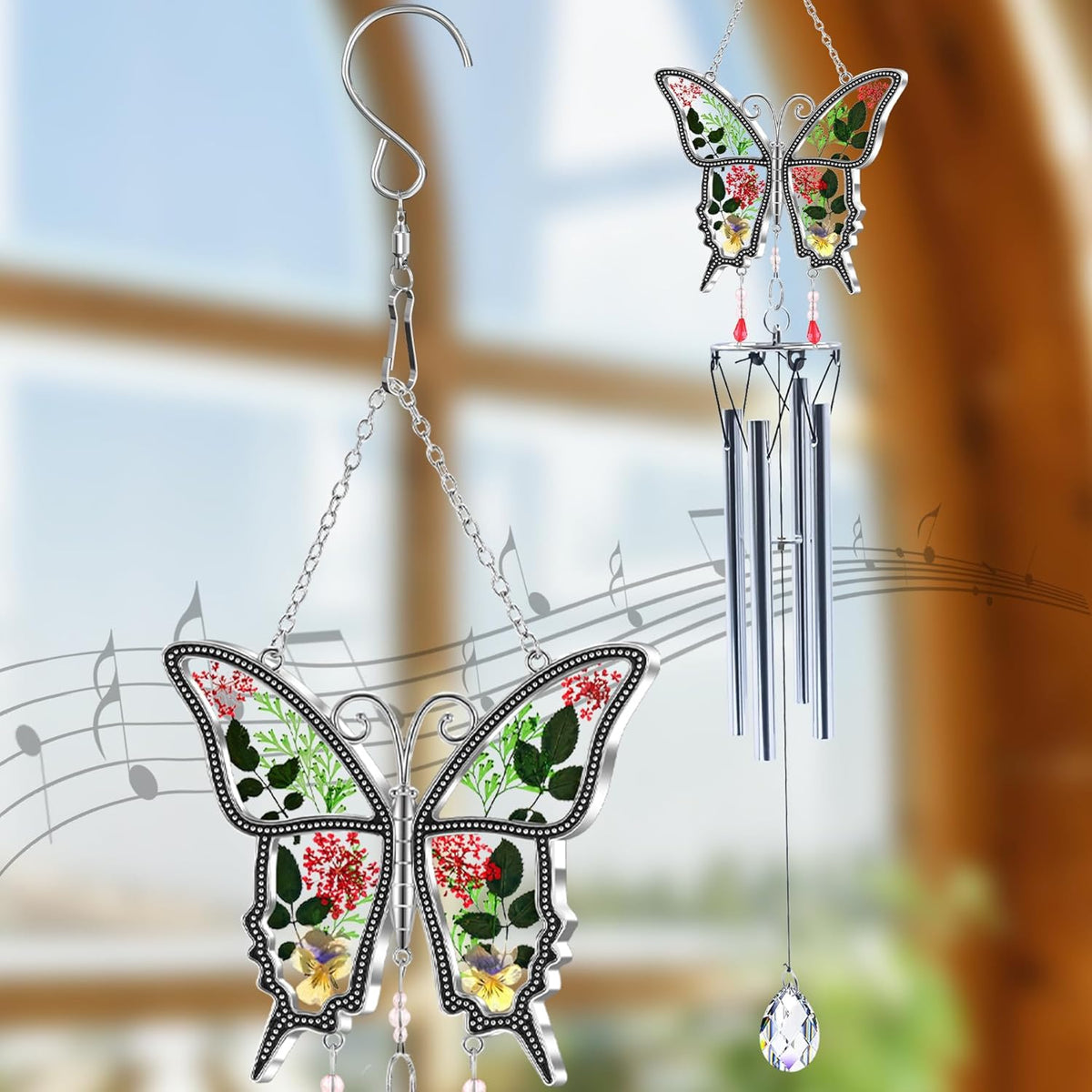 Butterflies Wind Chimes Glass Metal Real Flower and Multicolor 4 Tube Aluminum Windchime with S