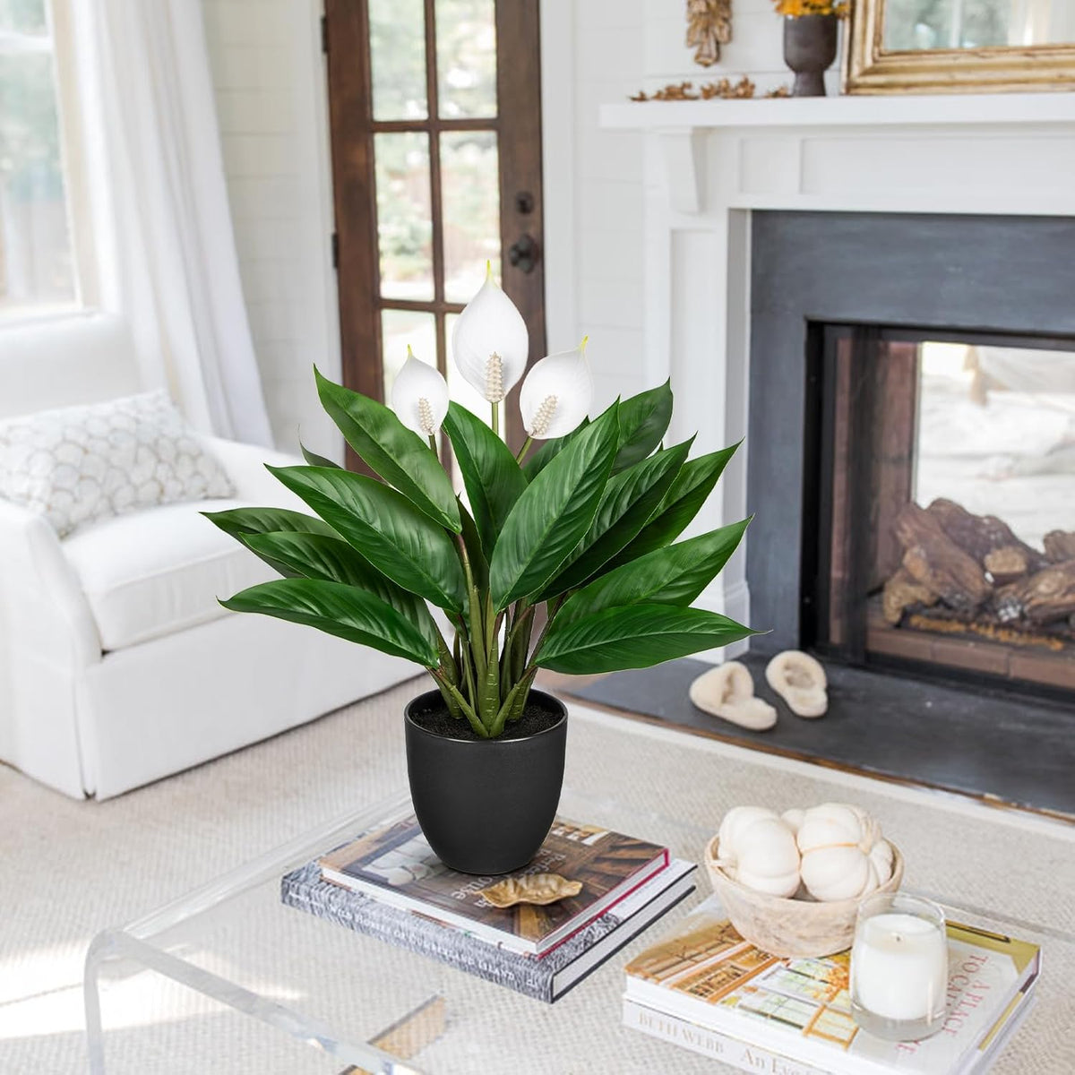 Fake Plants 20'' Faux Plants Artificial Potted Plants Indoor Realistic White Anthurium Artificial