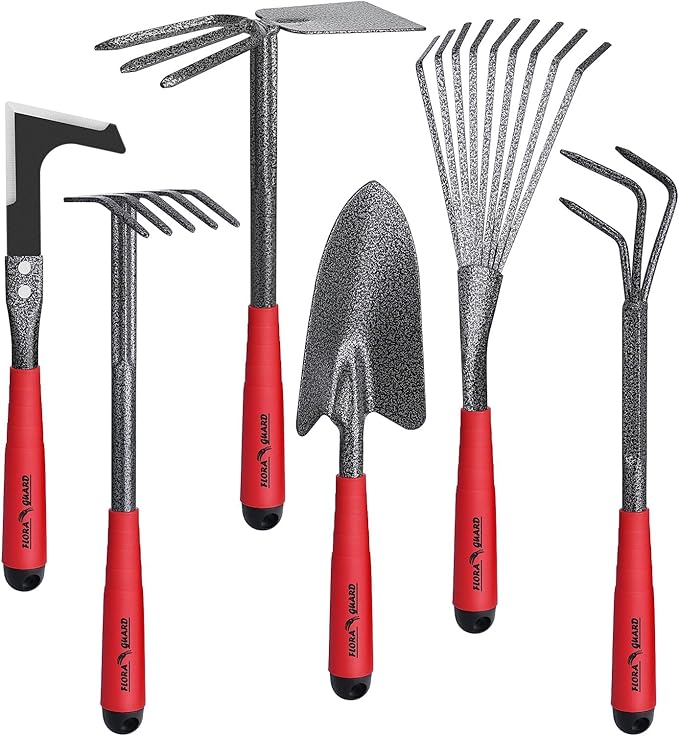 FLORA GUARD Garden Tool Set, 6-Piece Heavy Duty Gardening Hand Tools with Soft Rubber Handle