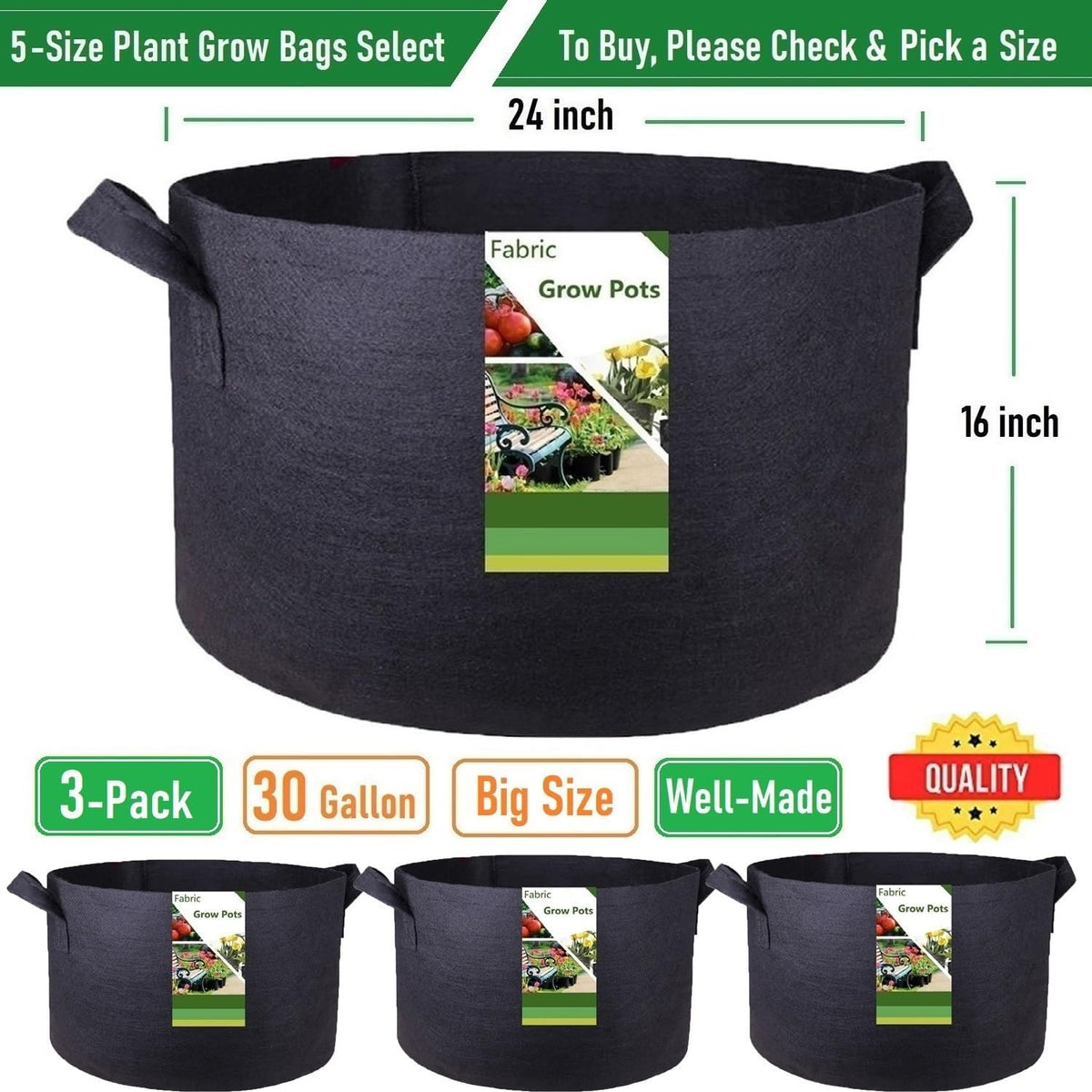 3-Pack 30 Gallon Thickened Plant Grow Bags Large (24x16 in) Heavy Duty Garden Bag Fabric Plant Pots