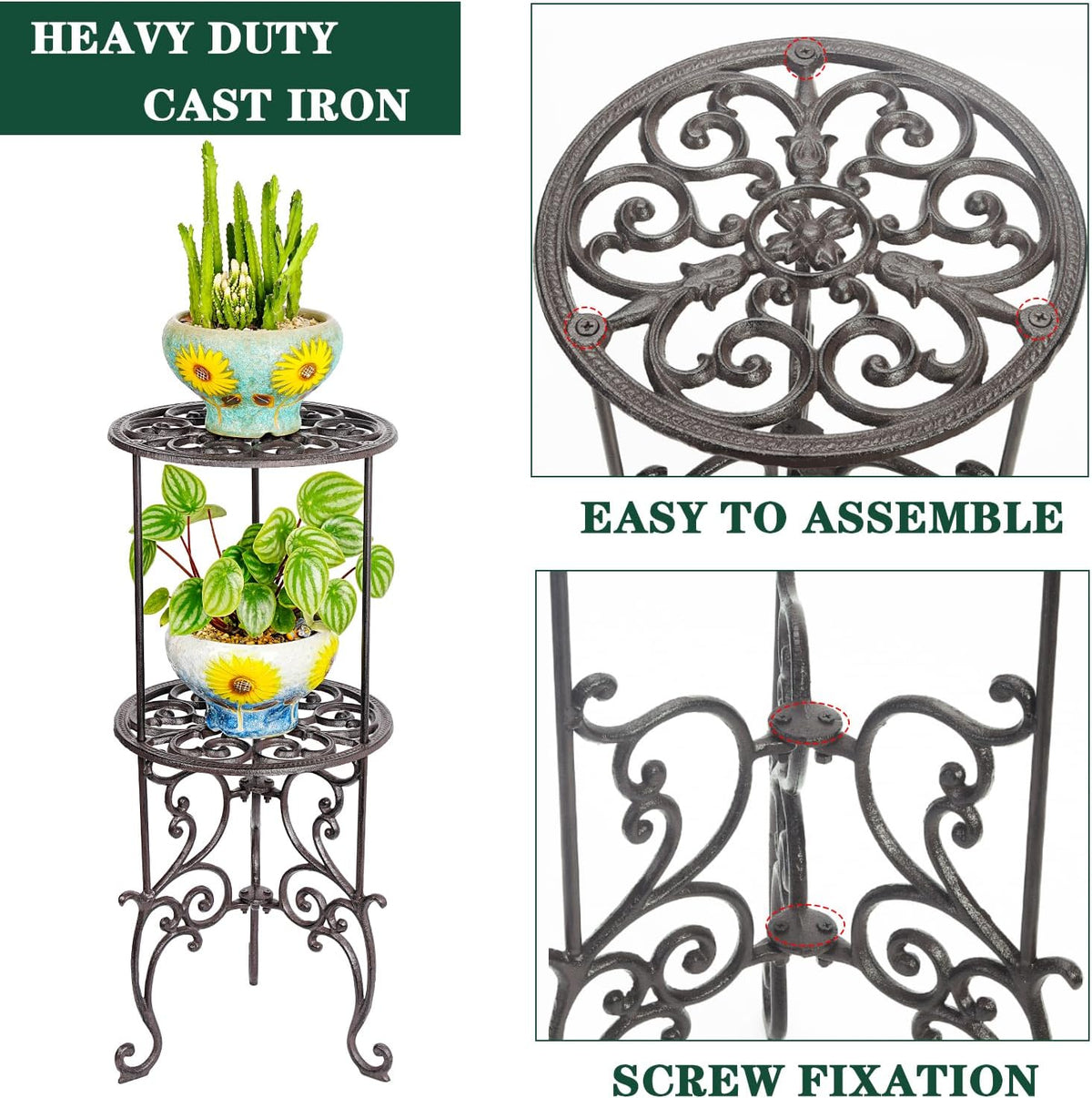 Sungmor Heavy Duty Cast Iron Potted Plant Stand,26-Inch 2 Tiers Metal Planter Rack,Decorative