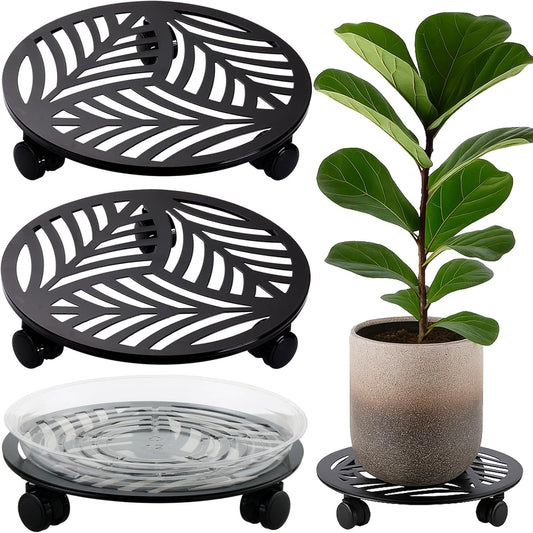 2 Packs Large Metal Plant Caddy with PU Wheels 12" Heavy-Duty Wrought Iron Rolling Plant Stands