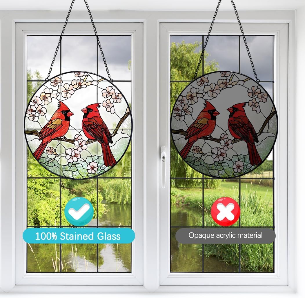 Cardinal Suncatcher Stained Glass Window Hanging - 8” Stained Glass Suncatchers for Windows - Sun