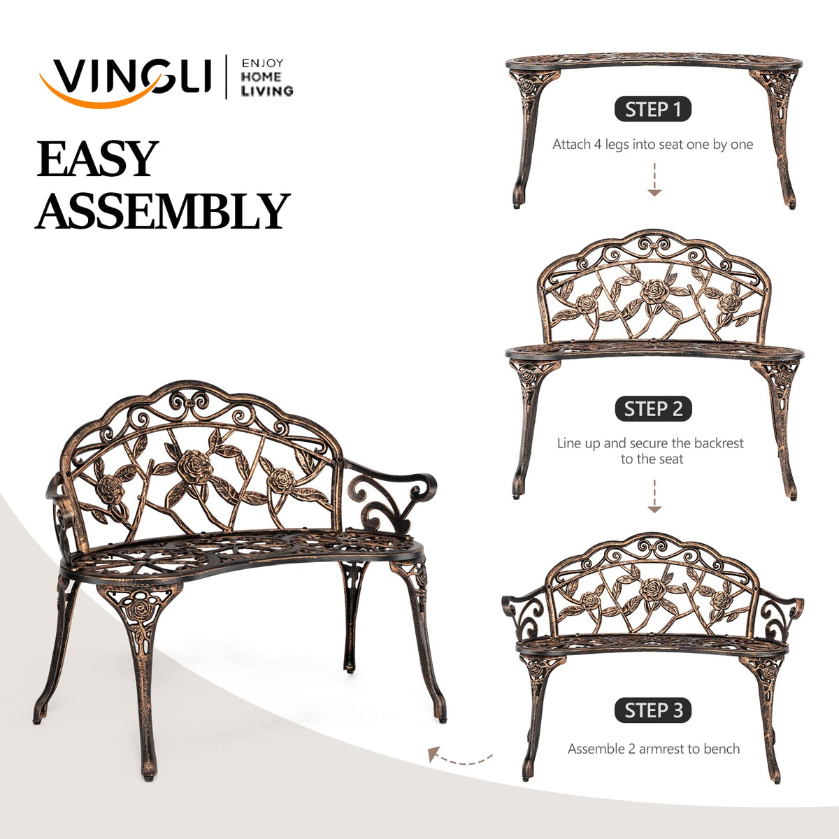 VINGLI 38.5" Patio Park Garden Outdoor Metal Rose Bench, 2-Person Cast Iron Cast Aluminium Frame