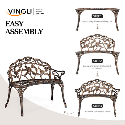 VINGLI 38.5" Patio Park Garden Outdoor Metal Rose Bench, 2-Person Cast Iron Cast Aluminium Frame