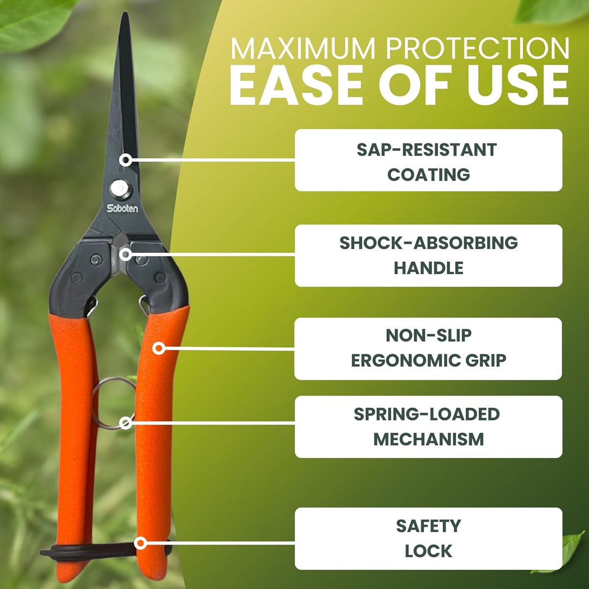 Saboten 7.9" Professional Japanese Harvesting Shears – Straight Blade, Stainless Steel with