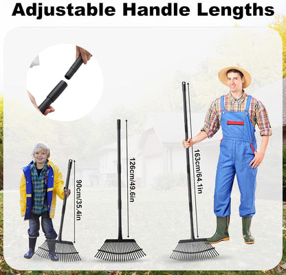 Rake for Leaves, 25 Metal Tines Wide Leaf Rake, 60'' Leaf Rakes for Lawns with Adjustable Steel