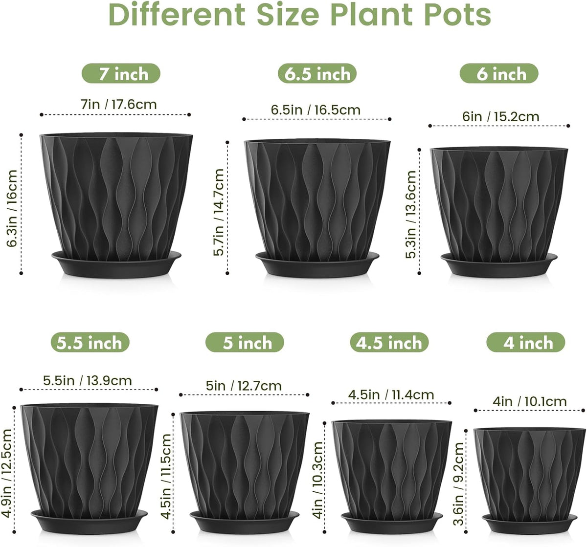7/6.5/6/5.5/5/4.5/4 inch Plant Pots for Indoor Outdoor Plants, 7 Pack Thick Flower Pots with