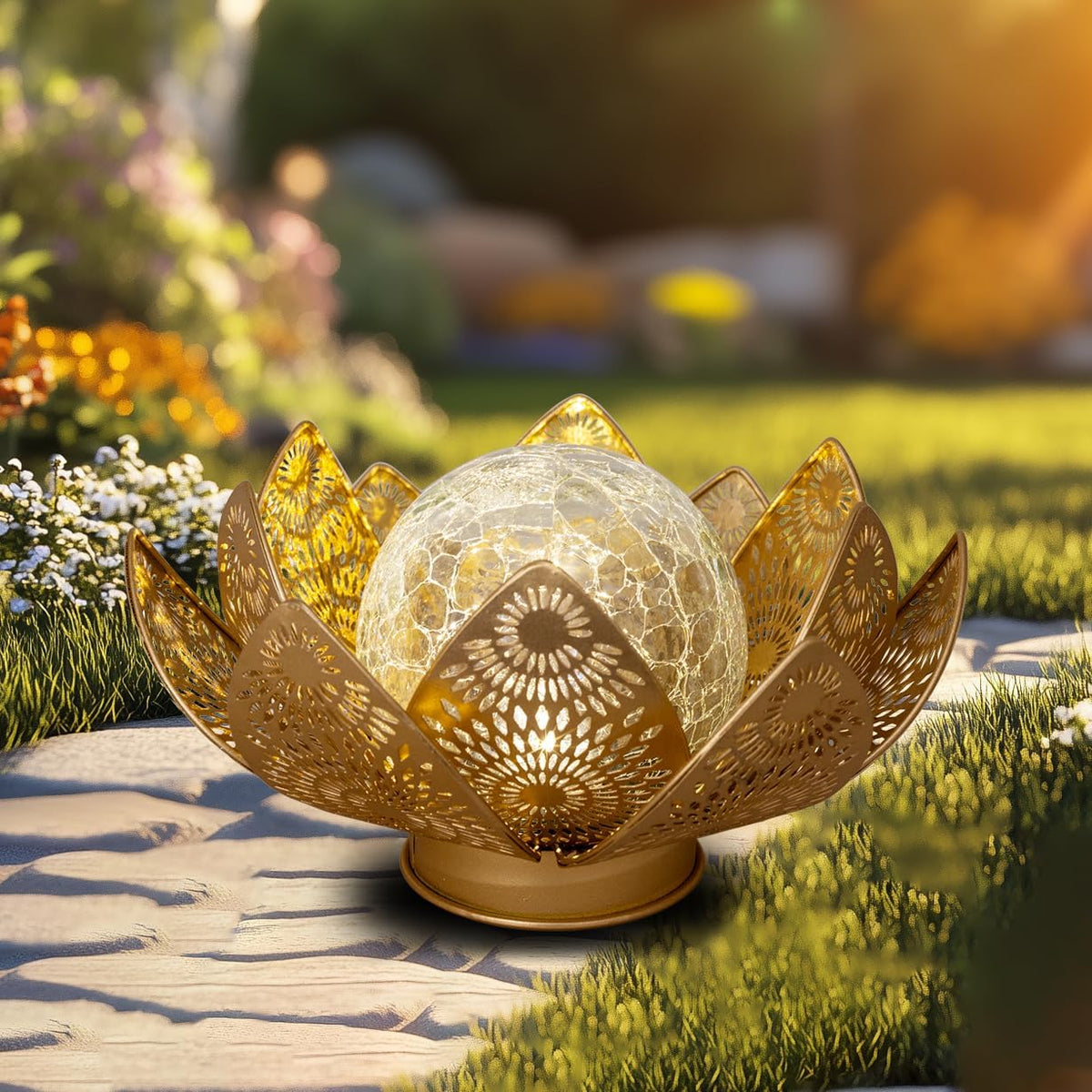 Solar Lights Outdoor Waterproof Lotus Flower Metal Yard Art Decoration Crackle Globe Glass Solar