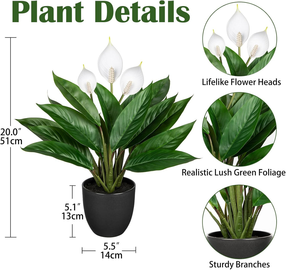 Fake Plants 20'' Faux Plants Artificial Potted Plants Indoor Realistic White Anthurium Artificial