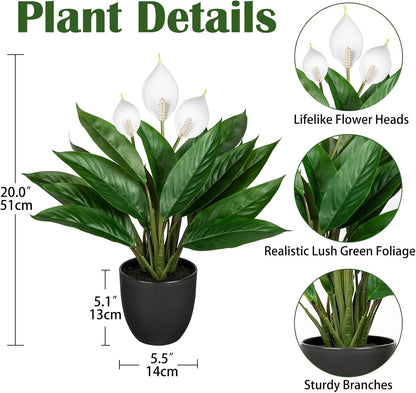 Fake Plants 20'' Faux Plants Artificial Potted Plants Indoor Realistic White Anthurium Artificial
