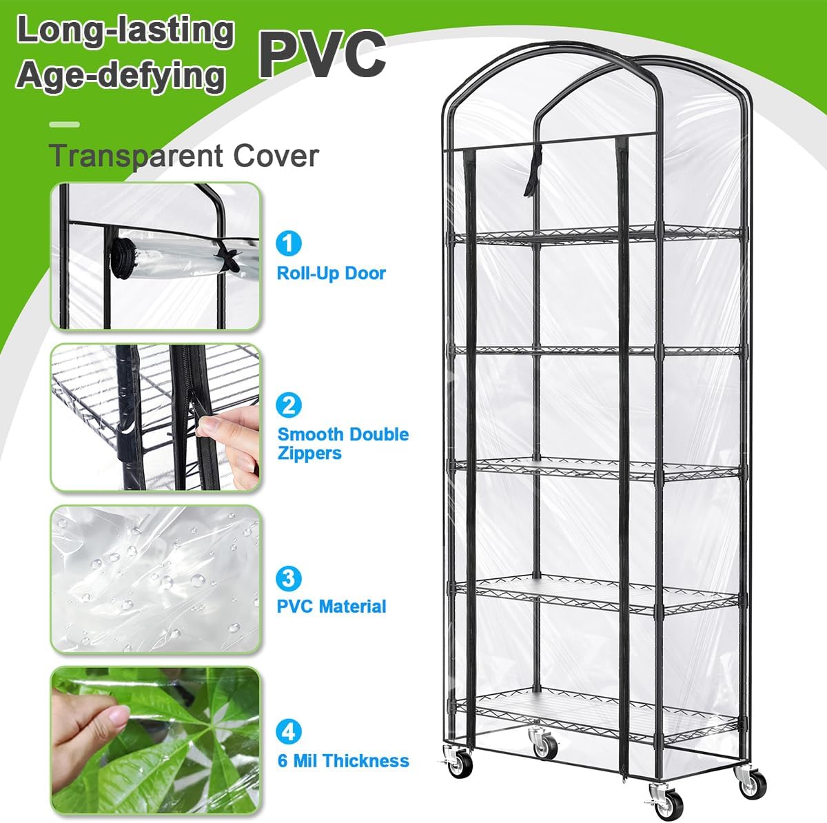 Abimars 5-Tier Greenhouse with Caster Wheel, Each Shelf Height Adjustable Metal Plant Shelf with