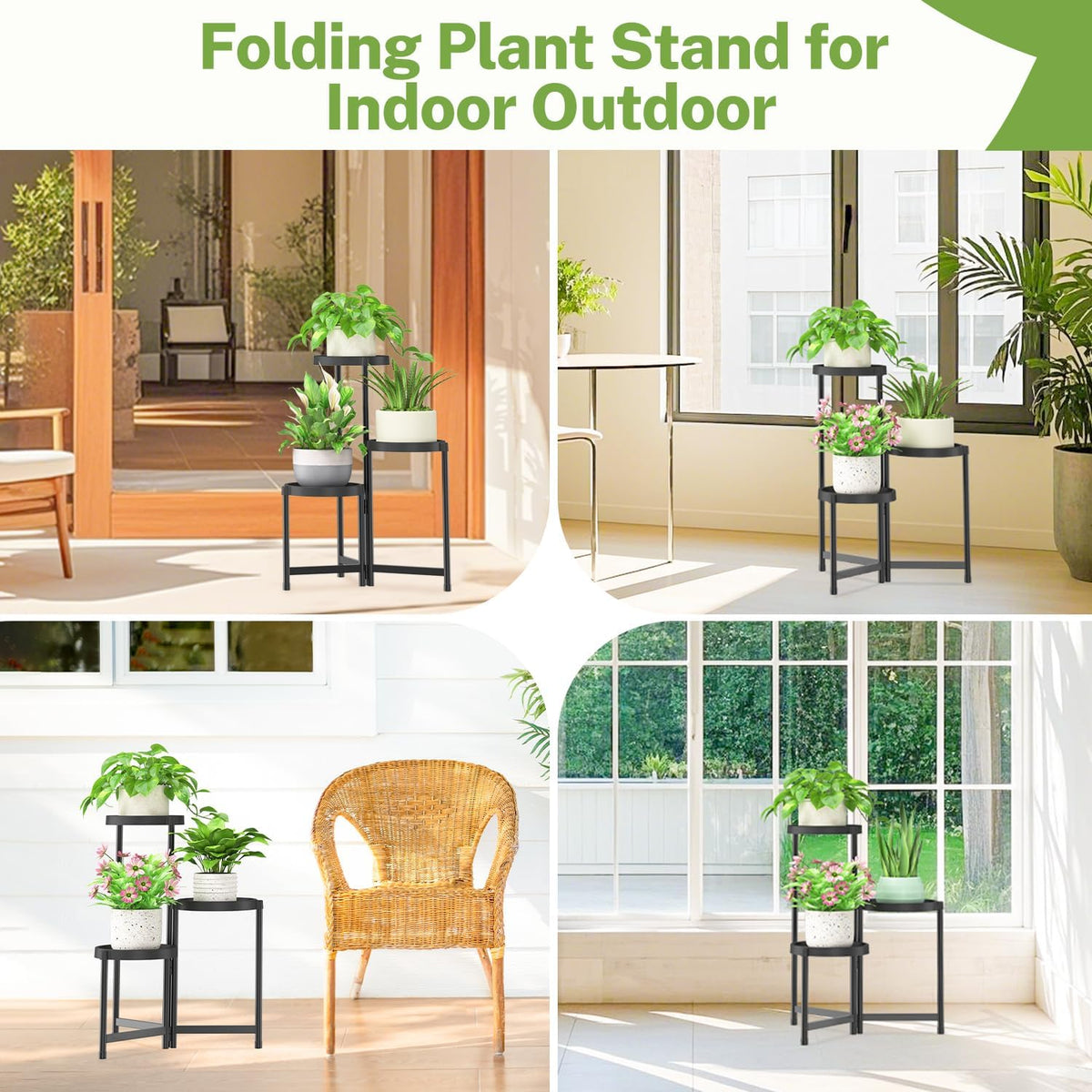 iDavosic.ly 3 Tier Folding Plant Stand Indoor Outdoor with Plastic Tray, Tiered Corner Flower