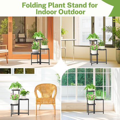 iDavosic.ly 3 Tier Folding Plant Stand Indoor Outdoor with Plastic Tray, Tiered Corner Flower