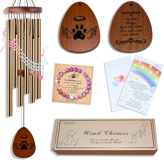 Pet Memorial Wind Chime Gift Set with Bracelet, Wooden Ornament and Sympathy Card, Black&Golden