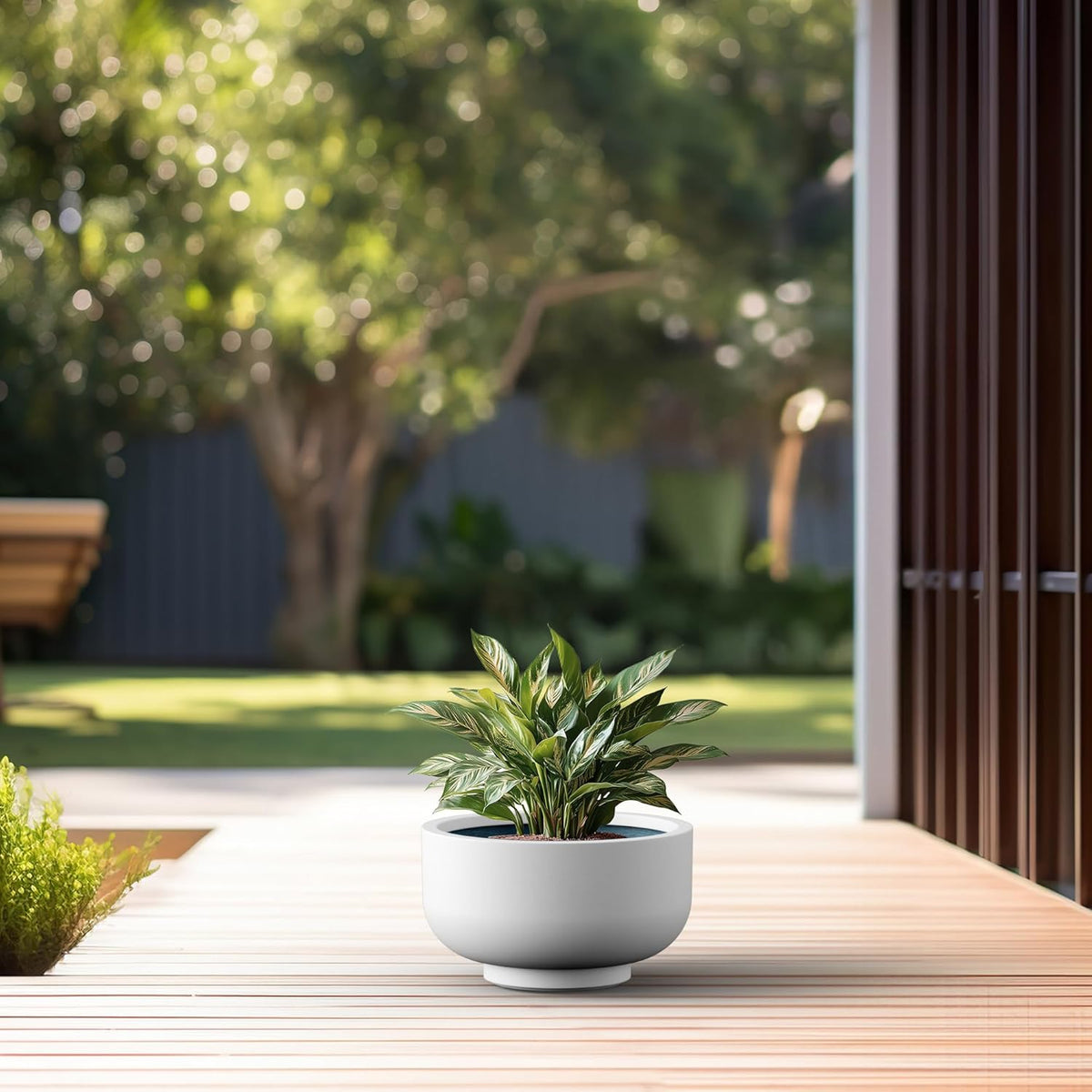 Kante 13.8 Inch Dia Concrete Bowl Planter, Large Tapered Bottom Plant Pot with Drainage, Smooth