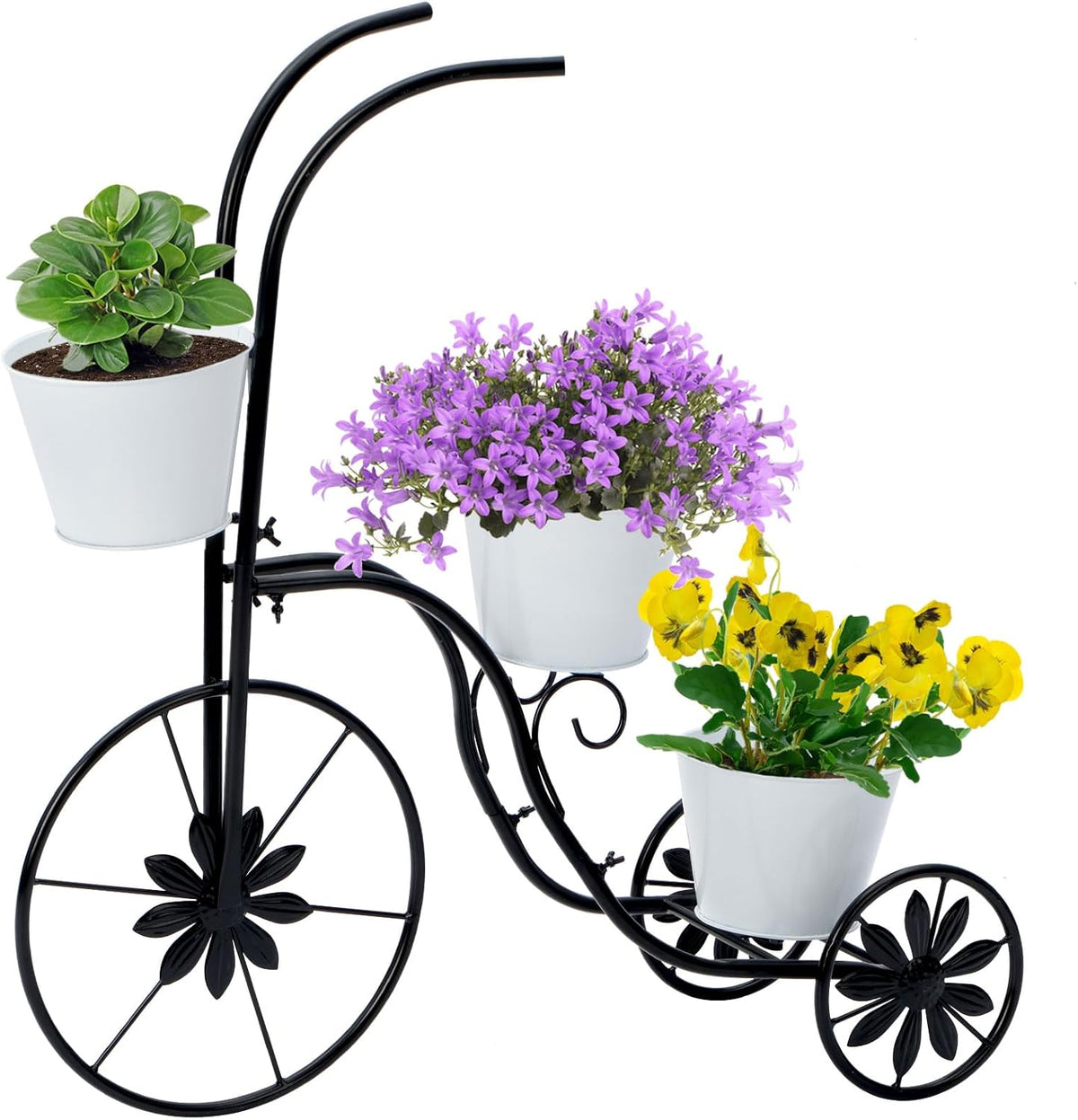 BAYN Bicycle Planter Stand, Metal Flower Pot Cart Holder Tricycle Planter with 3 Plant Bucket
