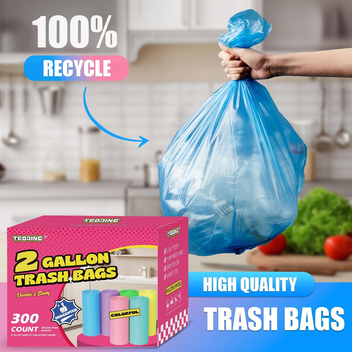 300 Count 2 Gallon Trash Bags - 7.5 Liter Colored Small Garbage Bags Unscented Wastebasket Liners