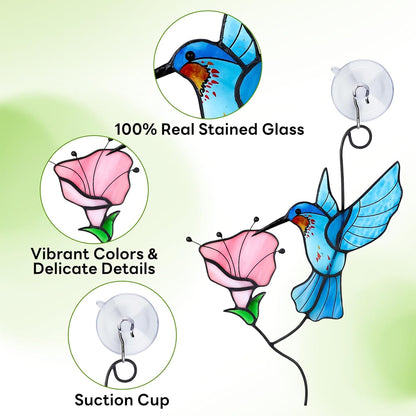 Handmade Stained Glass Hummingbird Suncatcher, Blue Bird with Pink Flower Window Hanging Decor, Art