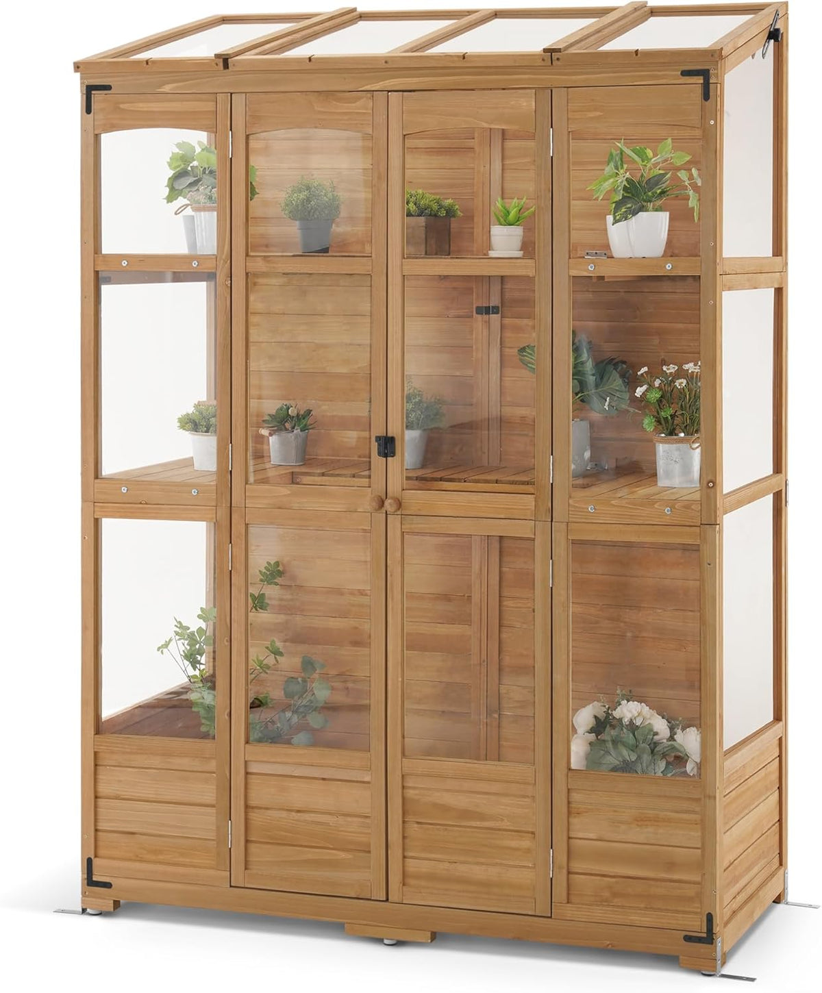MCombo Wooden Greenhouse, Walk-in Outdoor Greenhouse with Openable Roof and Lockable Door, 0899