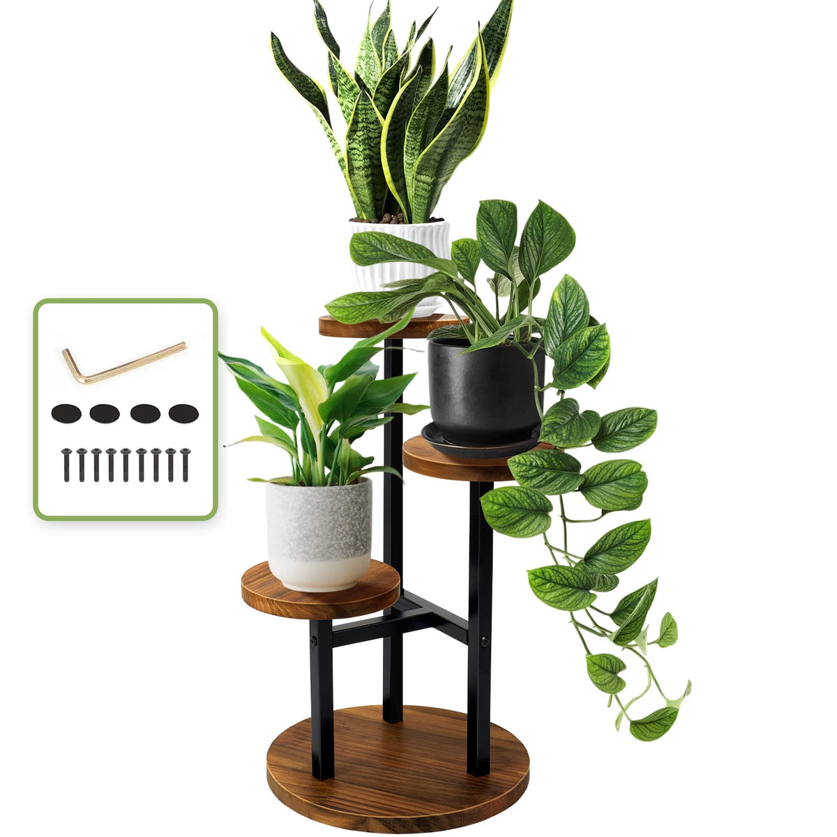 AUGOSTA 3 Tier Plant Stand, Tall Metal Wood Shelf Holder for Indoor, Outdoor Display Rack Flower