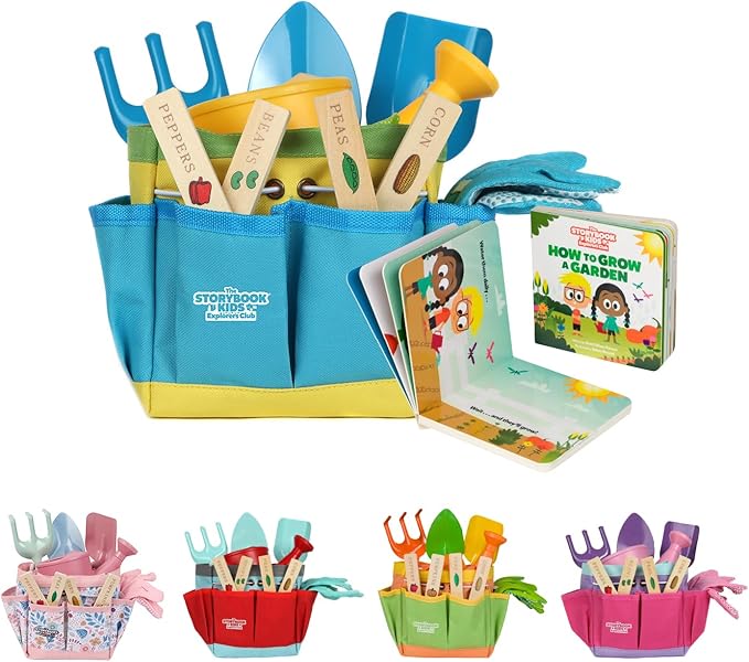 Blue Kids Gardening Tools - Includes Sturdy Tote Bag, Watering Can, Gloves, Shovels, Rake, and