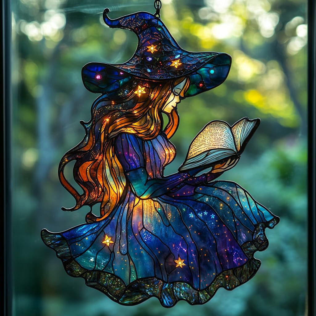 Cute Wizard Reading Books Acrylic Suncatcher Stained Glass Effect Window Car Hanging Christmas
