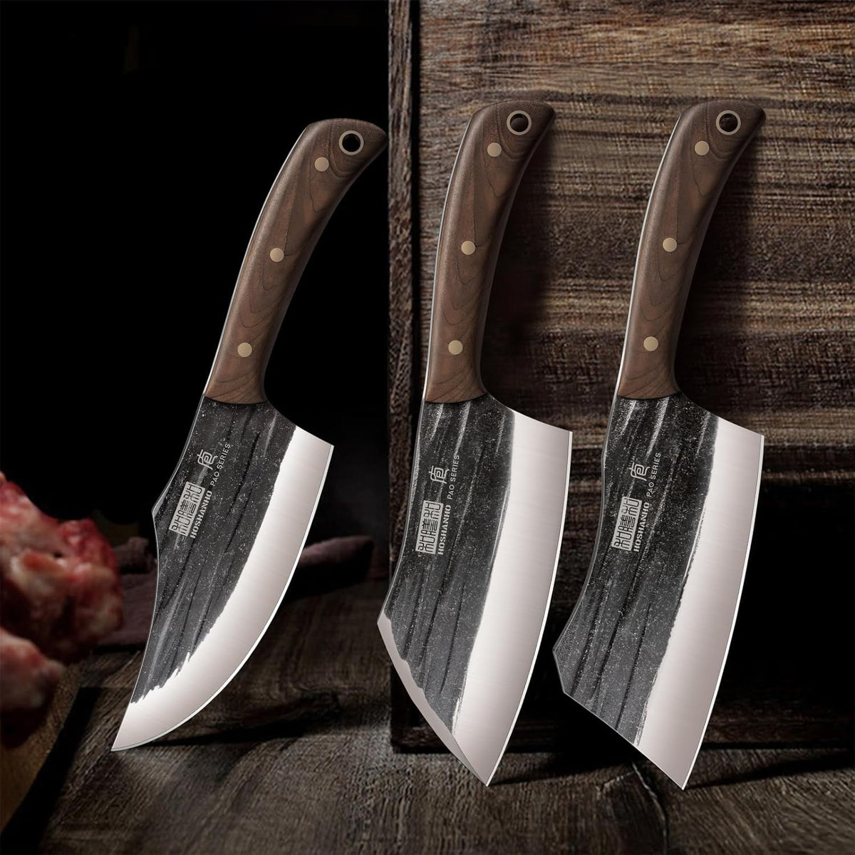 HOSHANHO Butcher Knife Set, 3-Piece High Carbon Steel Serbian Chef Knife Set of Heavy Duty Boning