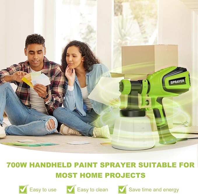 Paint Sprayer 700W, Electric HVLP Paint Spray Gun, with 4 Nozzles and 3 Patterns Cleaning & Blowing