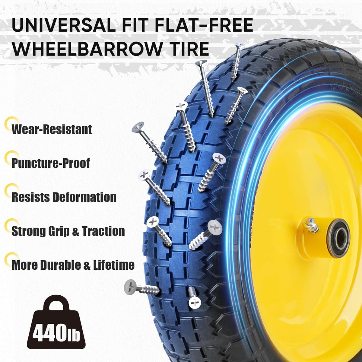 TICONN 4.80/4.00-8 Tire, 16" Flat Free Wheelbarrow Tire and Wheel, Solid Replacement Tires with 3"