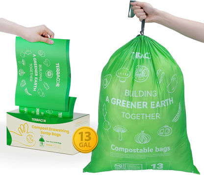 13 Gallon Compostable Trash Bags Liners Drawstring, Heavy Duty Extra Thick 1 Mil, 49.21 Liter, 35