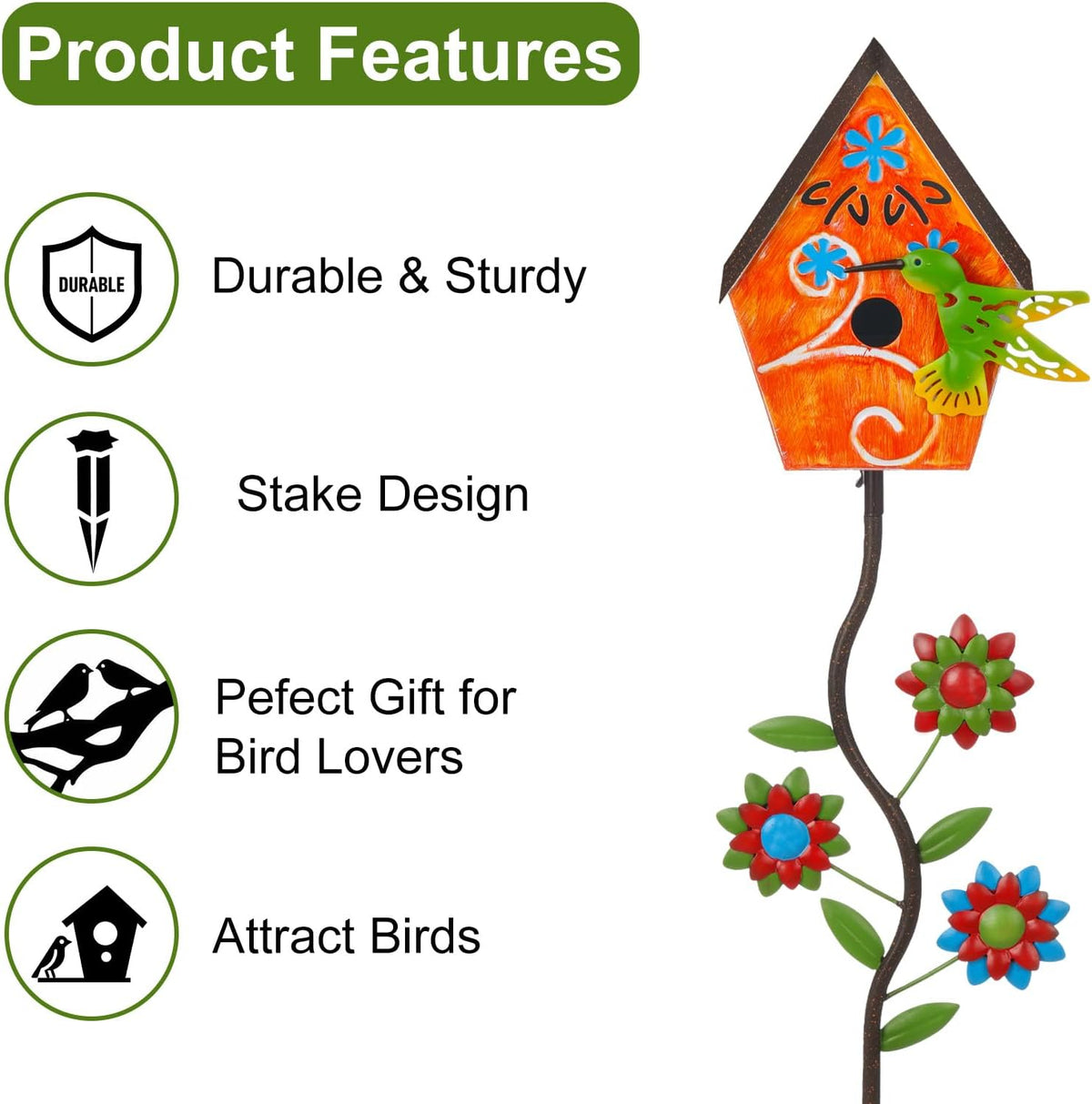 51” Bird Houses Stake for Outside, Metal Wild Bird Feeder Birdhouse Stake Pole with Hummingbird