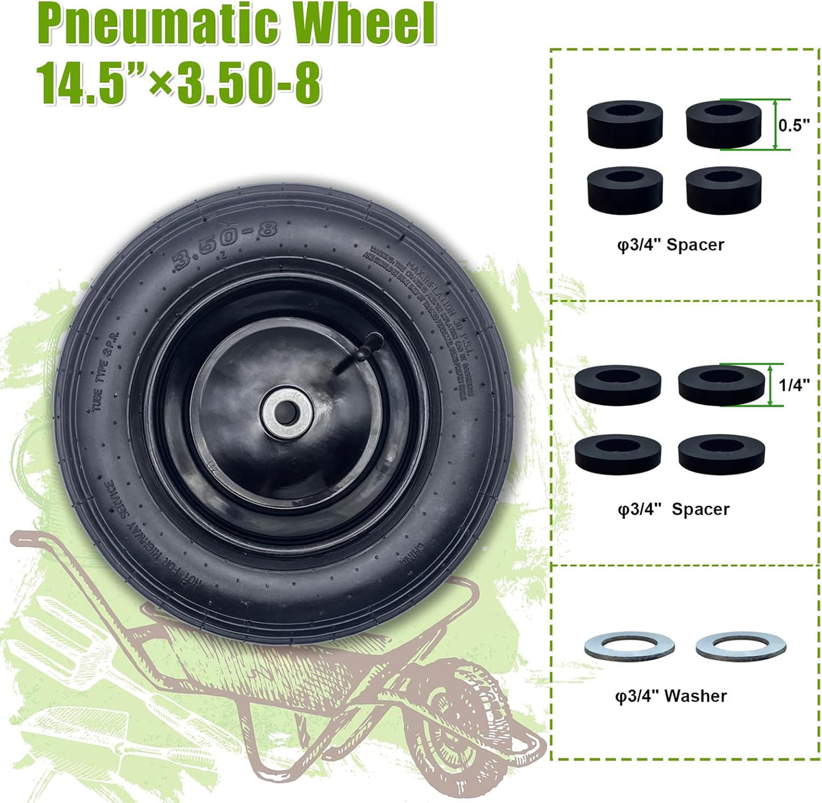 2-Pack 14.5-Inch Wheelbarrow Tire.3.50-8" Pneumatic Tires and wheels with 3"- 6" Center Hub and