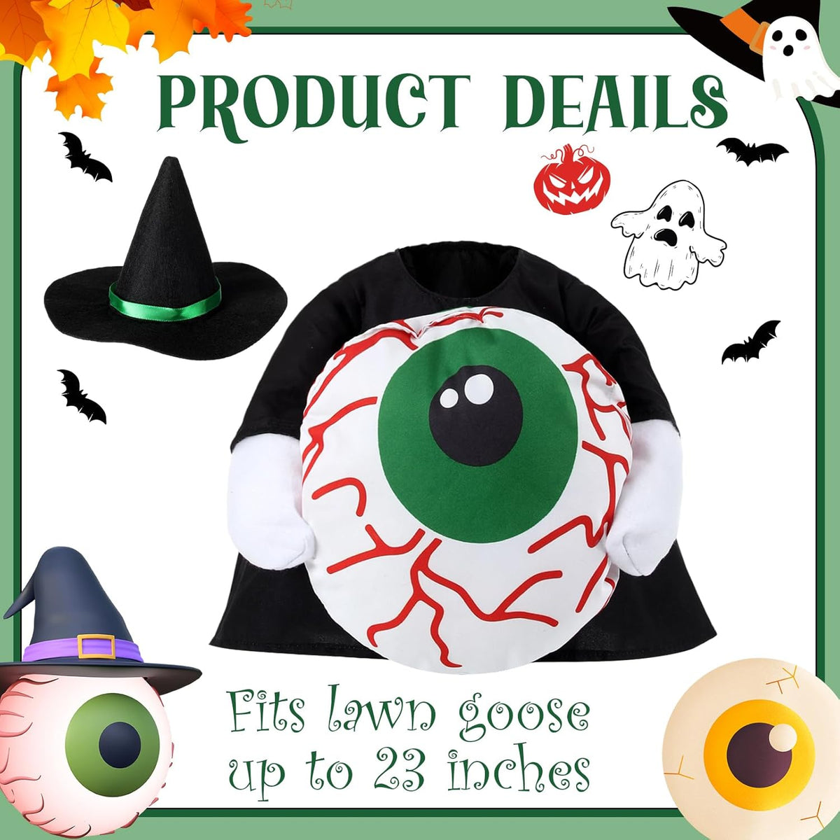 Sanwuta 1 Set Halloween Porch Goose Outfit Eyeball Pillow Design with Hat for 23" Lawn Cement Goose