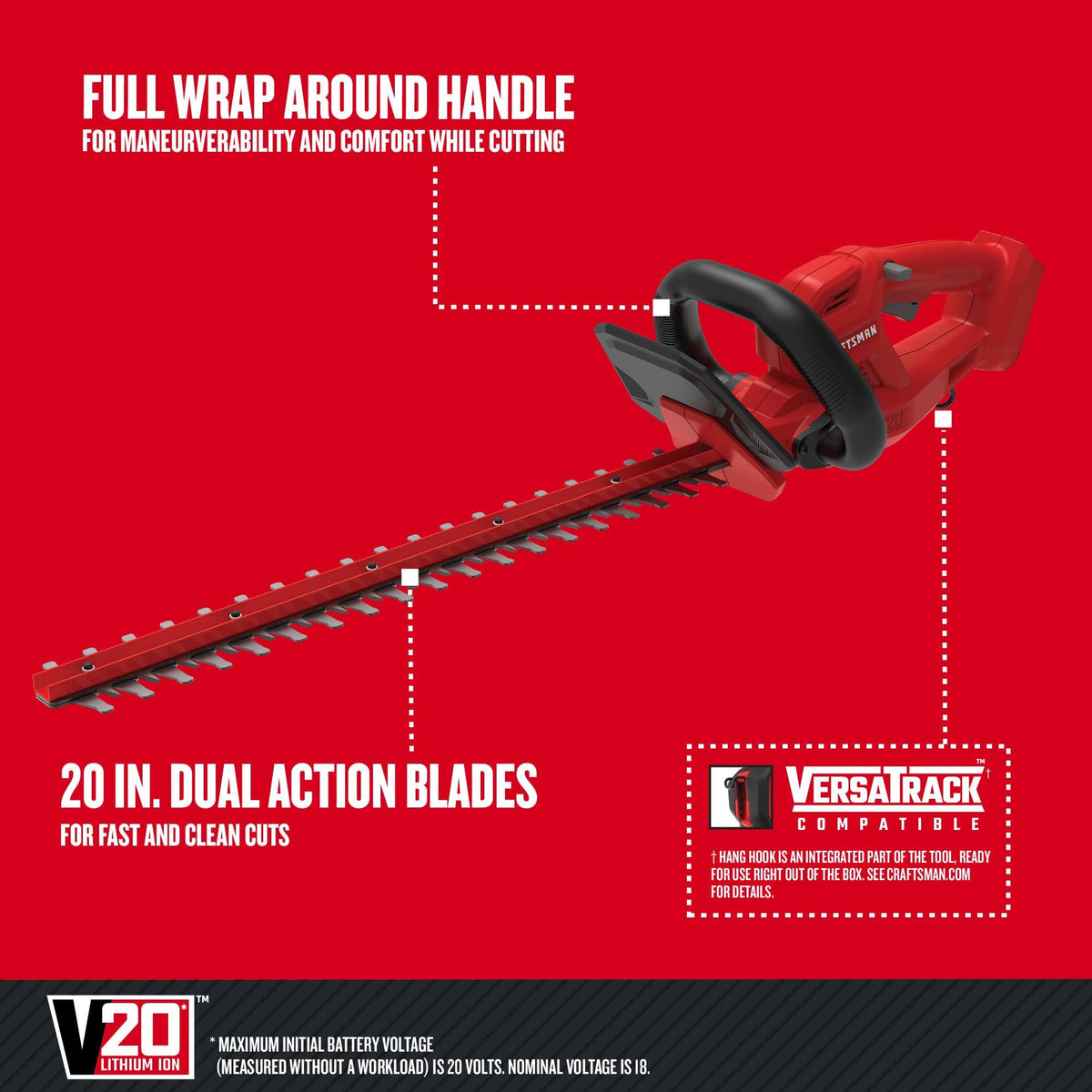 CRAFTSMAN V20 Cordless Hedge Trimmer with Battery and Charger Included, 20 in. Blade, Rechargeable